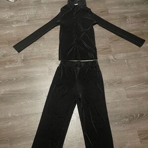 Black Women's silk Pants & Button-Up Top Set